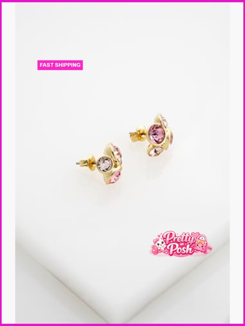 Cluster Stud Earrings - Gold Tone Plated Brass with Pink Crystals - Picture 3 of 3